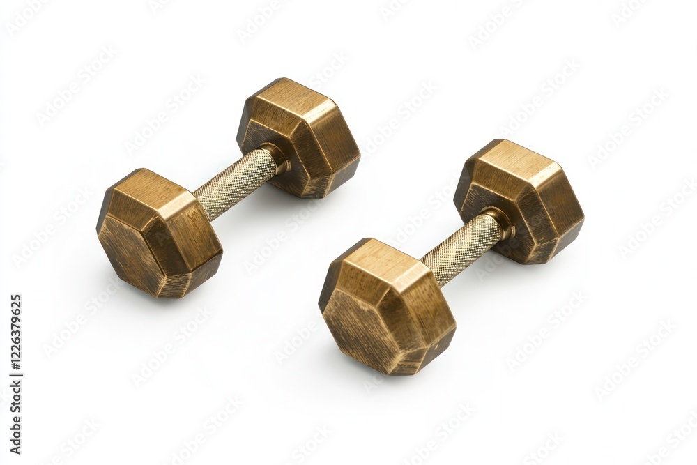 Pair of sleek gym dumbbells balanced on a spotless white surface. Pair of sleek gym dumbbells balanced on a spotless white surface.