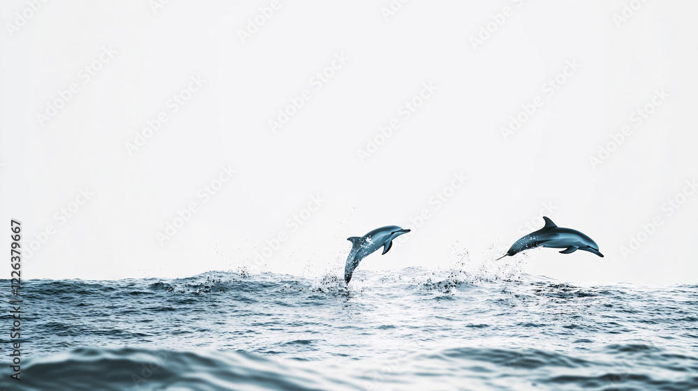 Naklejka premium two dolphins leaping through the air above blue ocean waves under a clear white sky