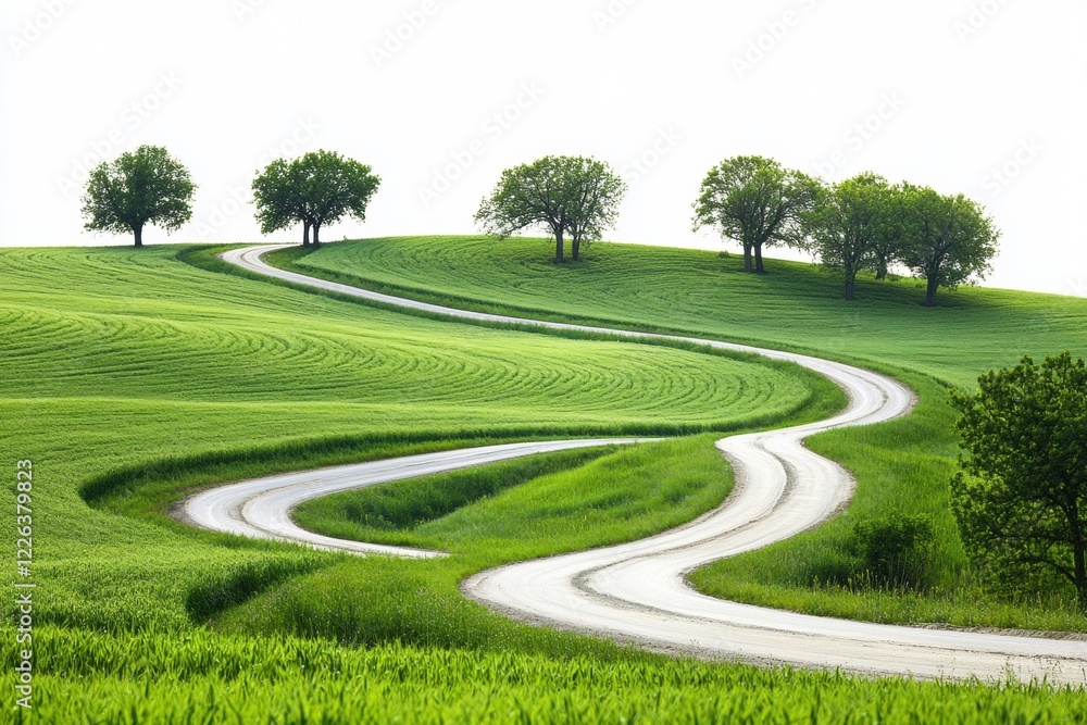 Fototapeta premium Rural road winding through lush green fields and trees on a bright day