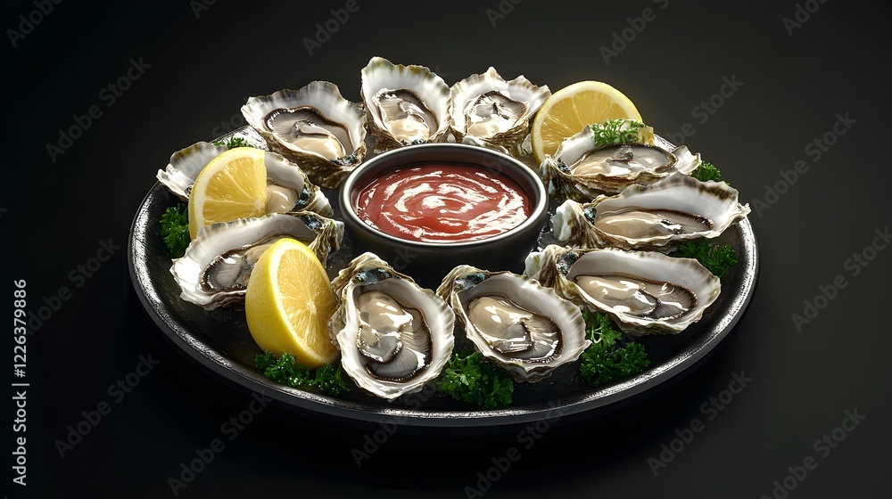 Fresh Oysters on Platter with Lemon Wedges and Dipping Sauce Against Dark Background Fresh Oysters on Platter with Lemon Wedges and Dipping Sauce Against Dark Background