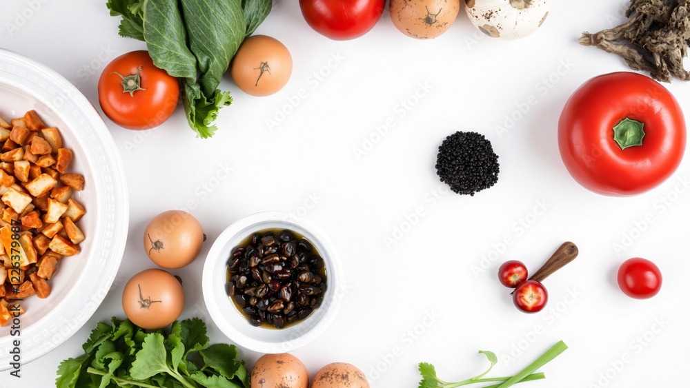 Flat Lay of Fresh Ingredients for Cooking Vegetables, Eggs, Spices, and More Flat Lay of Fresh Ingredients for Cooking Vegetables, Eggs, Spices, and More