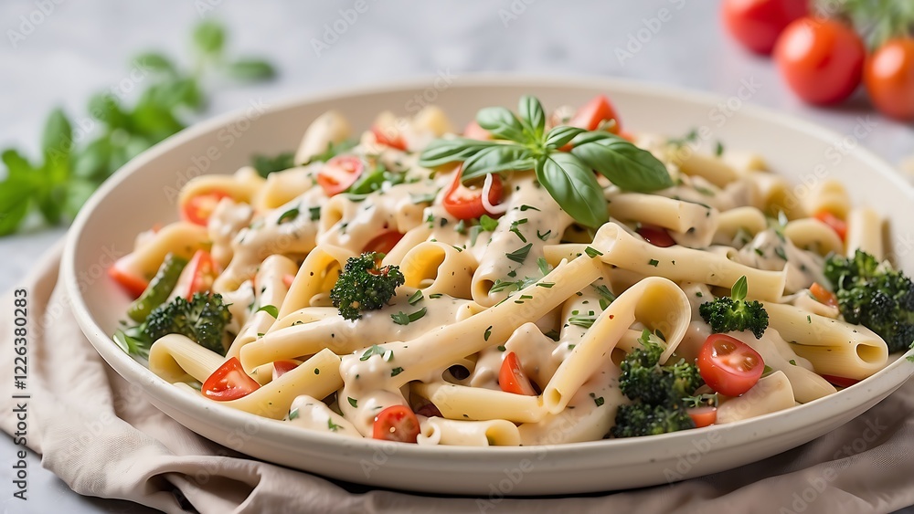 Pasta dish made with fresh vegetables, creamy sauce, and herbs Pasta dish made with fresh vegetables, creamy sauce, and herbs