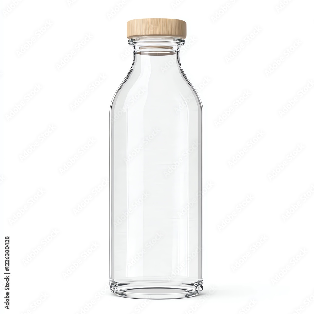 Clear glass bottle with a wooden cap, ideal for beverages or decorative use, showcasing a minimalist design on a white isolated background. Clear glass bottle with a wooden cap, ideal for beverages or decorative use, showcasing a minimalist design on a white isolated background.