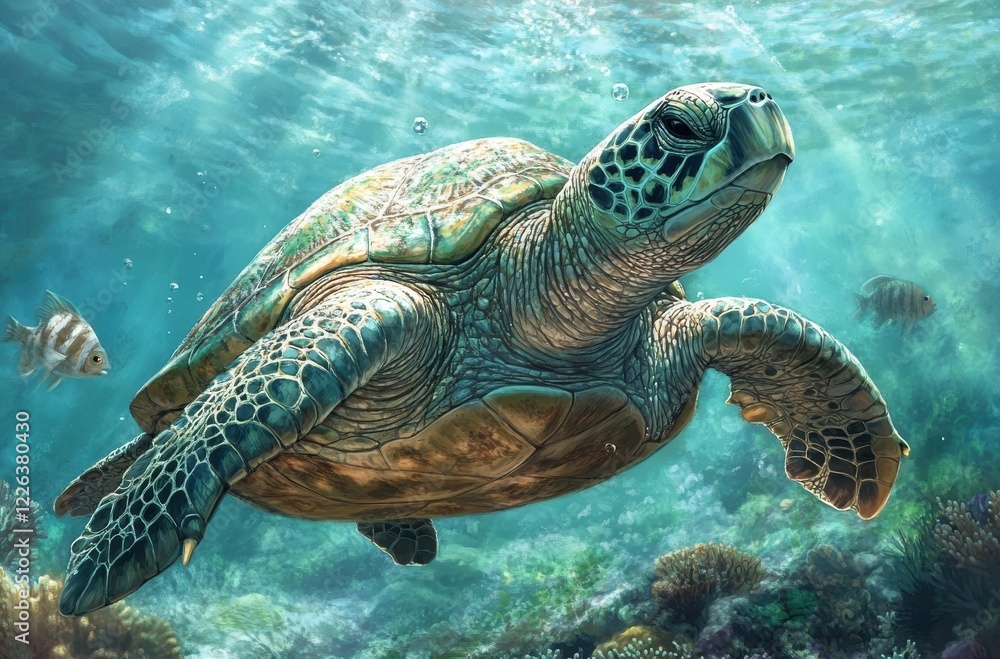Fototapeta premium Serene Sea Turtle Swimming Gracefully Through Vibrant Coral Reef in Clear Blue Ocean Waters with Colorful Fish and Lush Marine Life Surrounding It