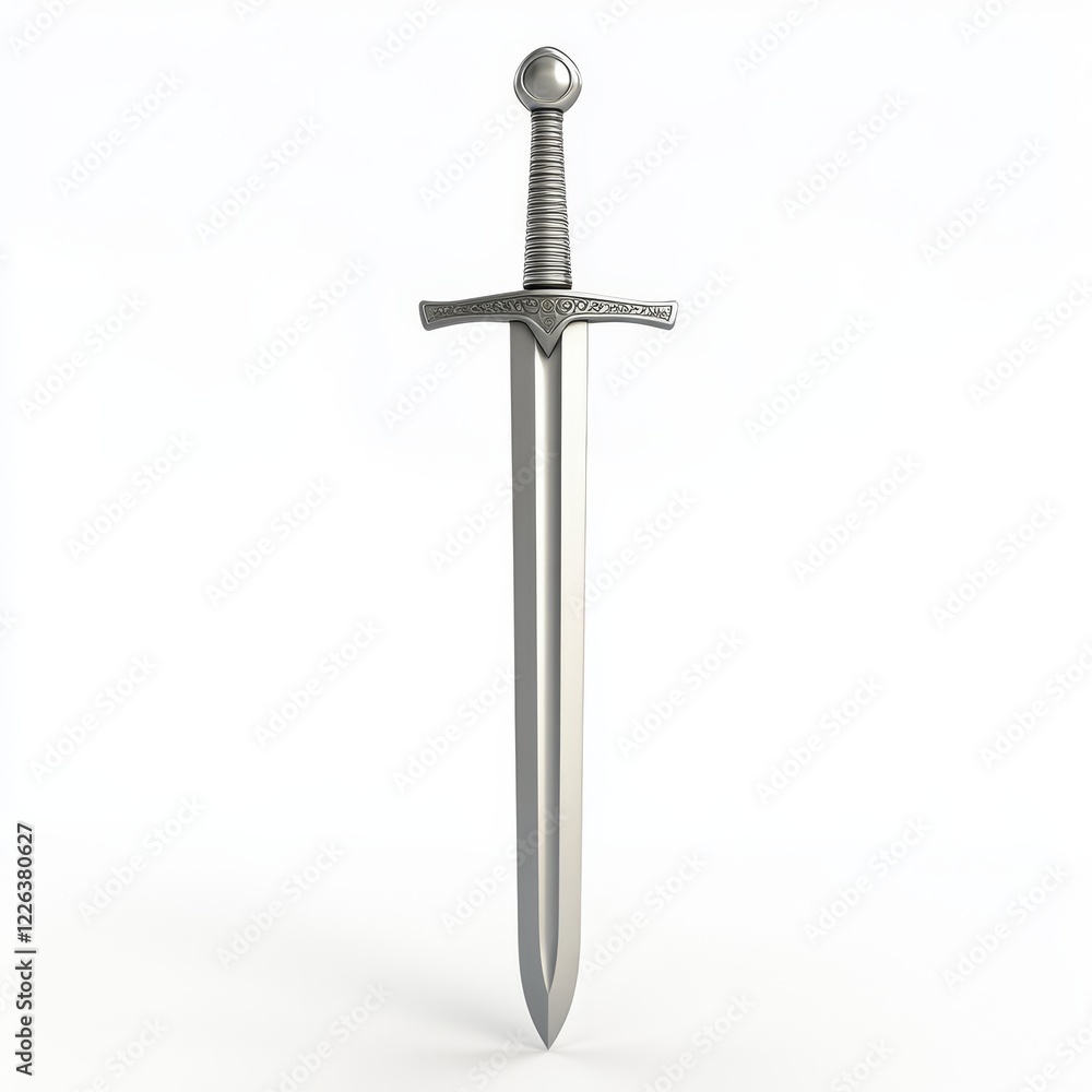 A silver medieval-style sword with a simple design, isolated on a white background. A silver medieval-style sword with a simple design, isolated on a white background.