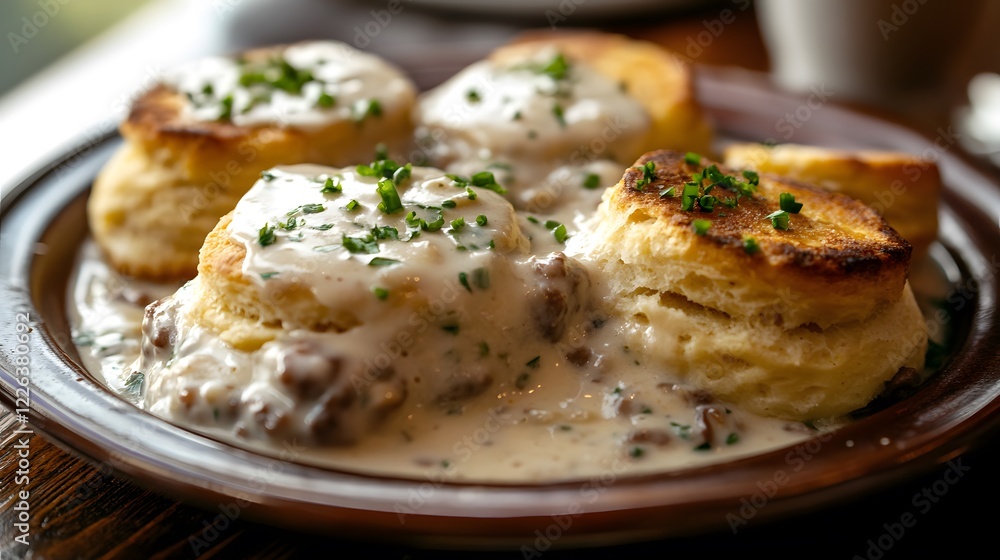 Delicious Southern Biscuits Served on Platter with Creamy Gravy and Fresh Chives in Rustic Setting Delicious Southern Biscuits Served on Platter with Creamy Gravy and Fresh Chives in Rustic Setting