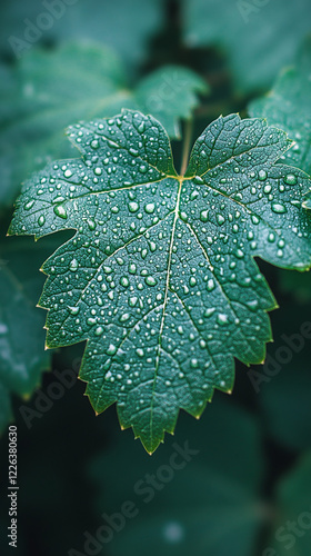 Closeup of a Fresh Green Leaf with Water Drops - Phone Wallpaper photo