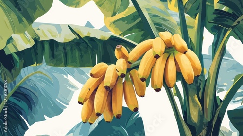 Banana tree branch displays large bunch of ripe bananas under sunny tropical sky