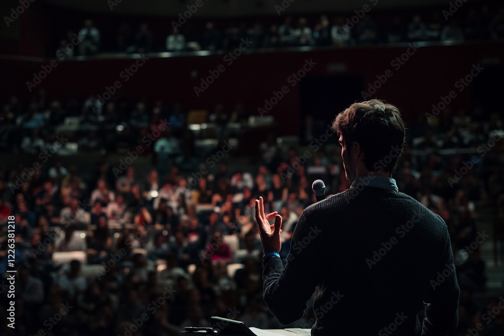 Speaker Engaging Audience at Conference in Modern Auditorium with Attentive Crowd and Stage Lighting Speaker Engaging Audience at Conference in Modern Auditorium with Attentive Crowd and Stage Lighting