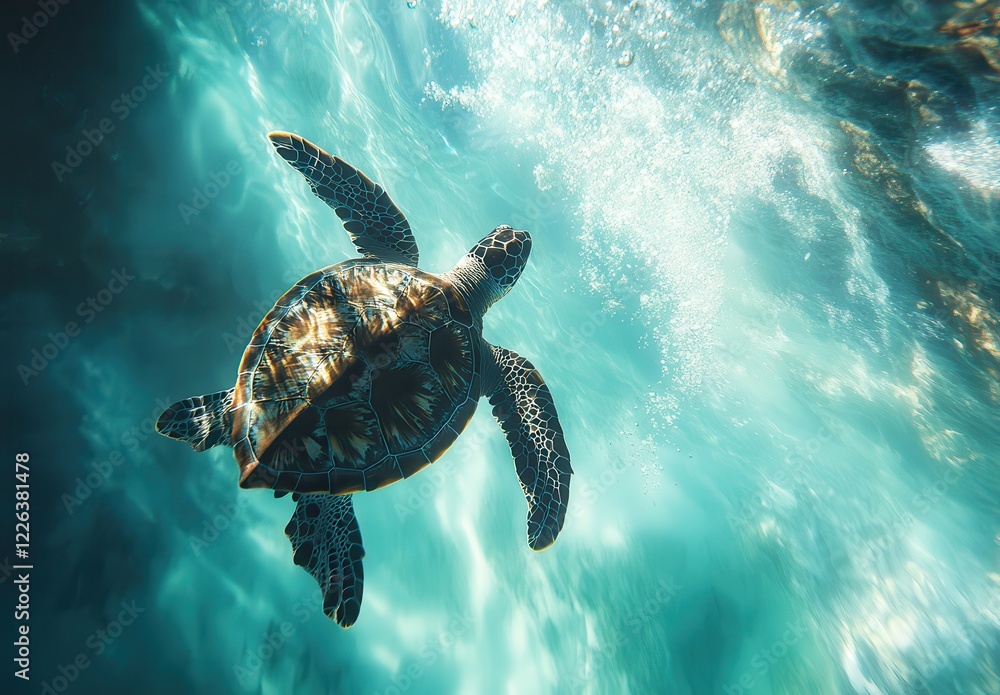 Fototapeta premium Serene Underwater Scene Featuring a Majestic Sea Turtle Gliding Gracefully Through Crystal Clear Ocean Waters with Sunlight Filtering Through Waves