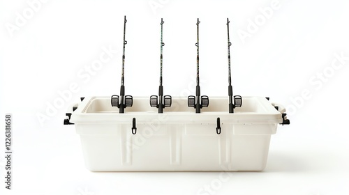 Fishing equipment displayed on a white isolated background featuring a specialized fishing rod holder with multiple rods set up for fishing enthusiasts. photo