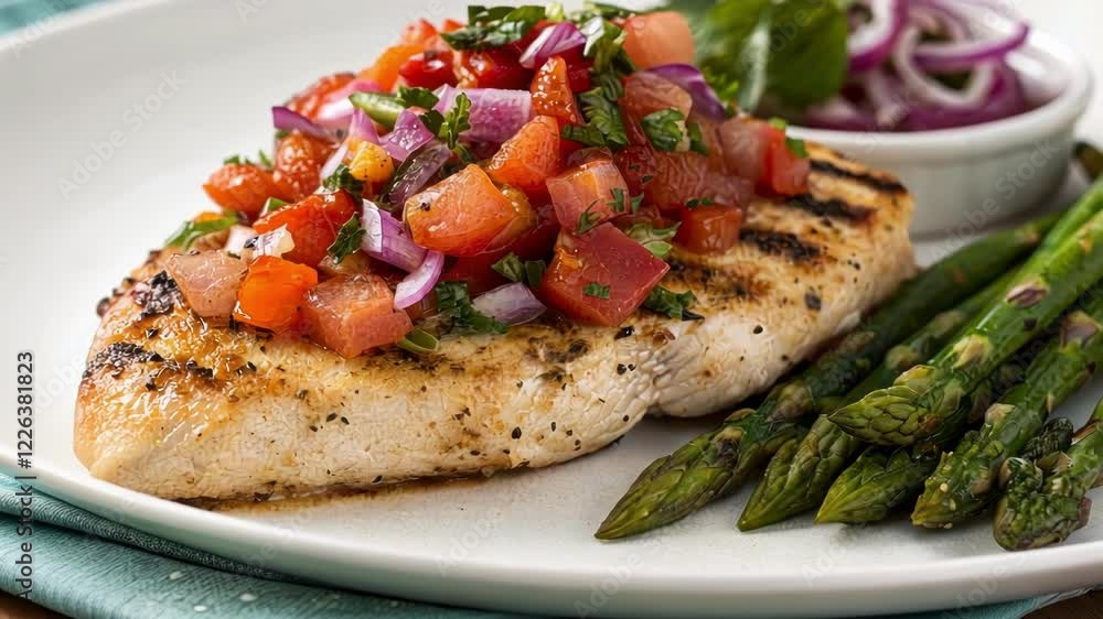 A plate featuring a grilled chicken adorned with a colorful salsa of diced tomatoes red onion and cilantro paired with a side of steamed asparagus. A plate featuring a grilled chicken adorned with a colorful salsa of diced tomatoes red onion and cilantro paired with a side of steamed asparagus.