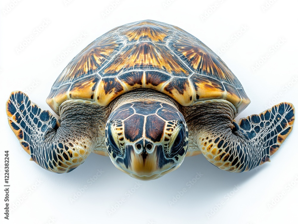 Fototapeta premium Stunning Close-Up of a Colorful Sea Turtle with Intricate Shell Patterns Swimming Against a Clean White Background in Bright Natural Lighting
