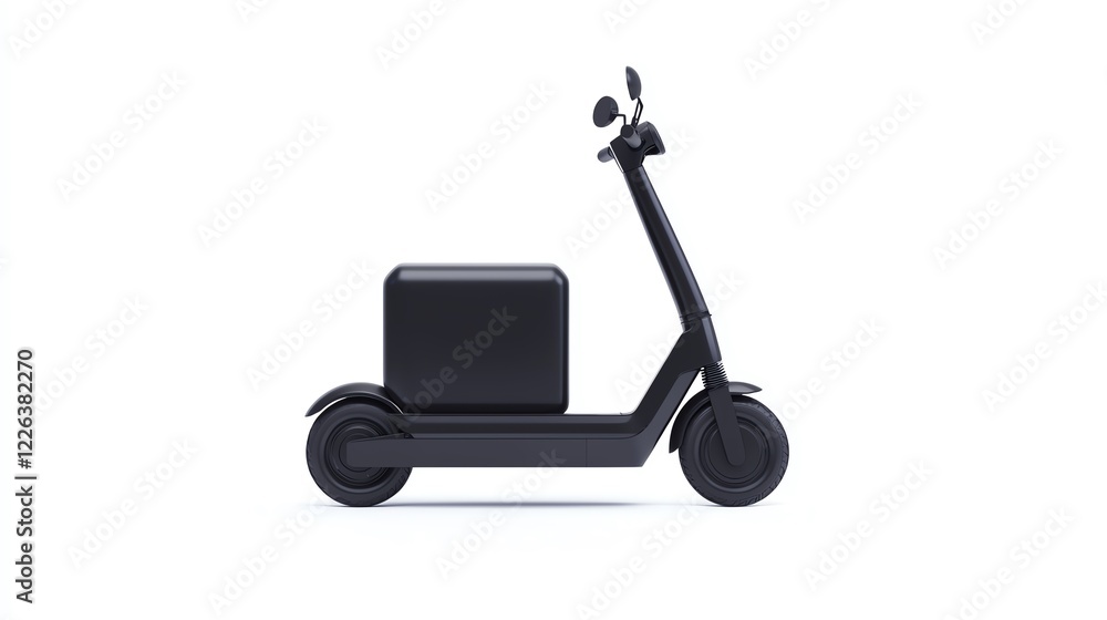 Modern electric scooter with a cargo box, perfect for urban commuting and delivery services, displayed on a white isolated background. Modern electric scooter with a cargo box, perfect for urban commuting and delivery services, displayed on a white isolated background.