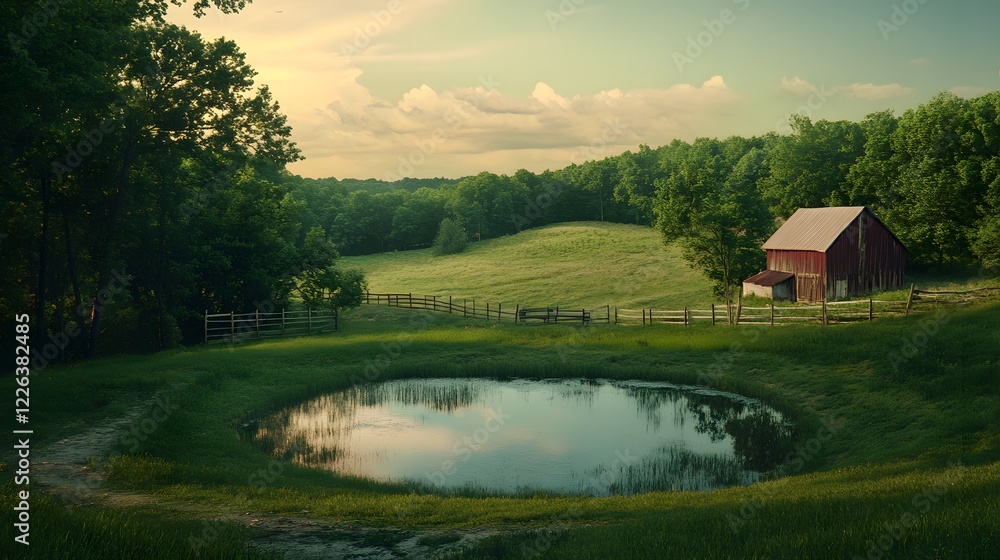 Tranquil Rural Pond Surrounded by Lush Greenery and Farmhouse at Sunset in a Serene Country Landscape Tranquil Rural Pond Surrounded by Lush Greenery and Farmhouse at Sunset in a Serene Country Landscape