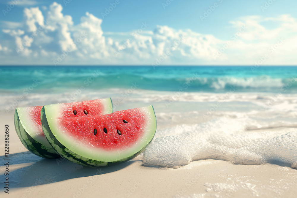 Slices of watermelon resting on a sandy beach with gentle waves and a clear sky in the background Slices of watermelon resting on a sandy beach with gentle waves and a clear sky in the background