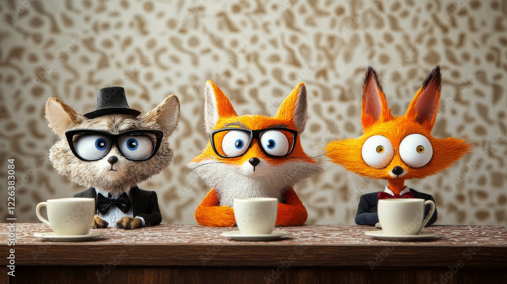 Fototapeta premium Three animated fox characters wearing glasses, sitting at table with coffee cups, showcasing playful and whimsical atmosphere
