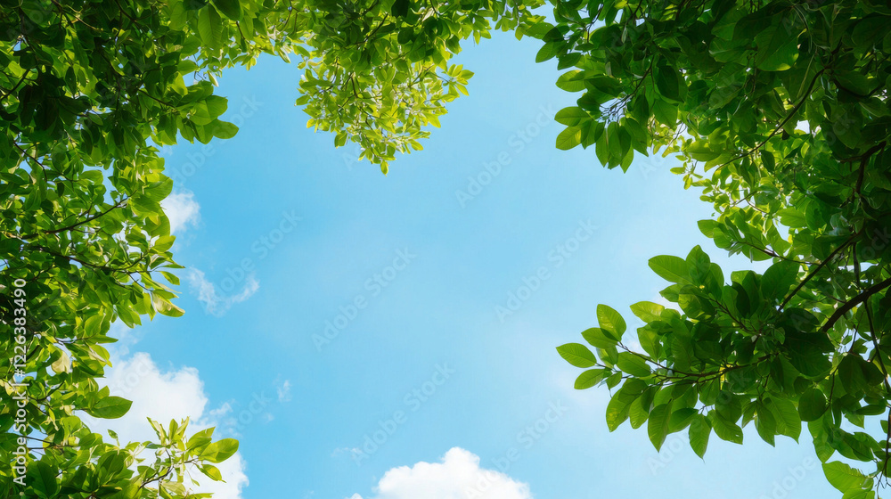 Fototapeta premium Lush green leaves frame bright blue sky, creating serene and peaceful atmosphere. vibrant foliage contrasts beautifully with clouds, inviting sense of tranquility and connection to nature