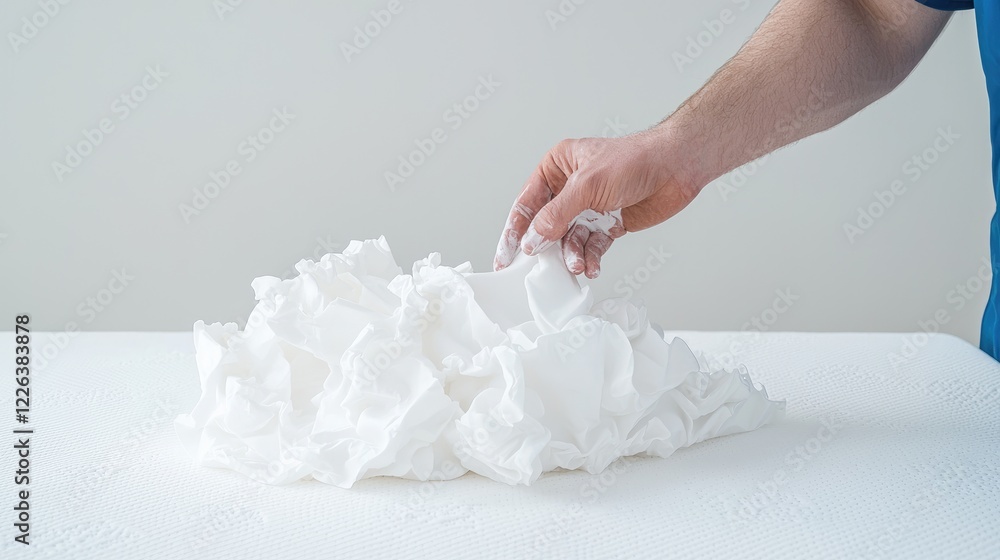 Man testing fluffy white fabric, studio shot. Lifestyle product photography Man testing fluffy white fabric, studio shot. Lifestyle product photography