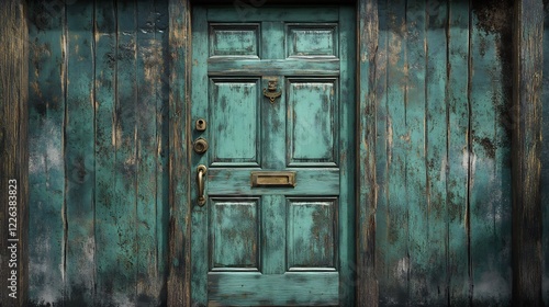 Weathered teal door mysteriously stands against aged wood. AI Generated
