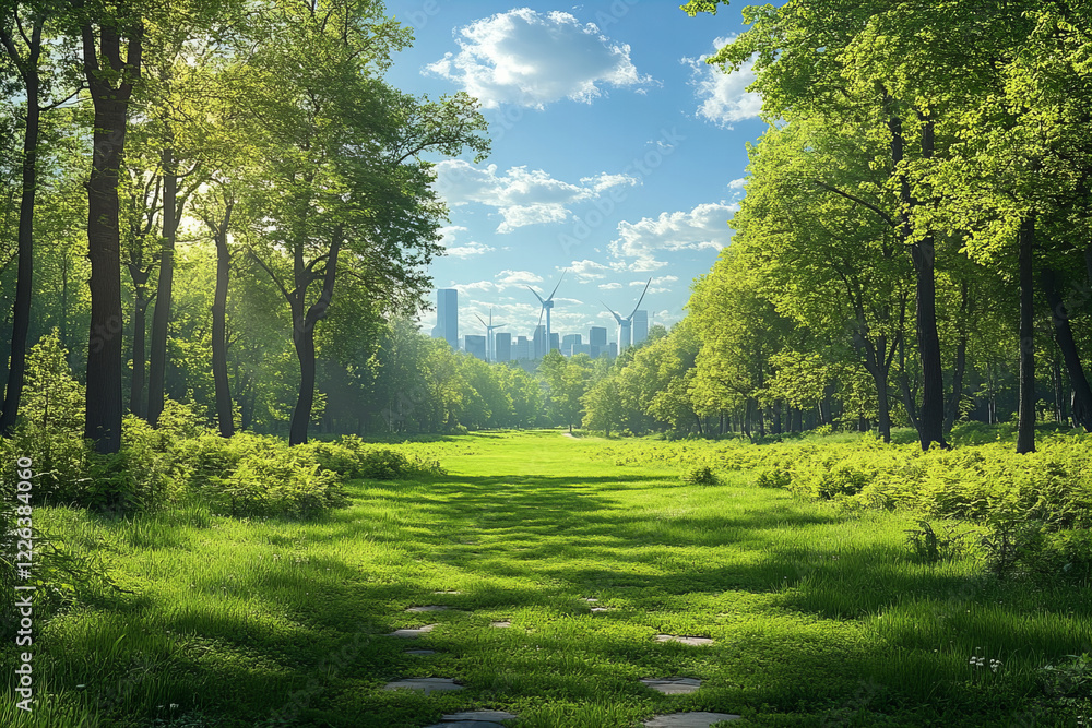 Obraz premium lush green park with tall trees, vibrant grass, and skyline featuring wind turbines in background, showcasing blend of nature and modernity