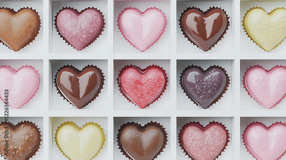 A row of chocolate hearts are displayed in a white box A row of chocolate hearts are displayed in a white box