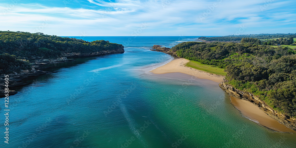 Aerial drone photograph river flow into ocean, meandering rivers sea landscape side view drone-shot Aerial drone photograph river flow into ocean, meandering rivers sea landscape side view drone-shot