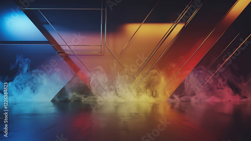  Vibrant neon light beams reflect on water, forming abstract geometric shapes against a dark futuristic cityscape, creating a surreal, high-contrast sci-fi atmosphere..