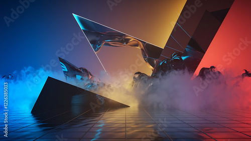  Vibrant neon light beams reflect on water, forming abstract geometric shapes against a dark futuristic cityscape, creating a surreal, high-contrast sci-fi atmosphere..