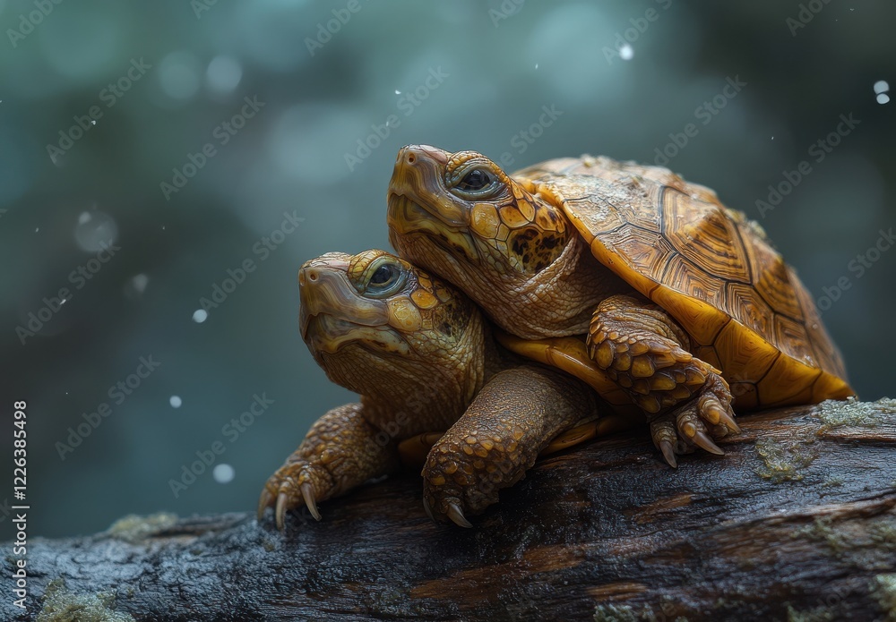 Obraz premium Two Adorable Tortoises Resting Together on a Log Surrounded by Soft Snowflakes in a Serene Natural Setting with a Calm Background Blur