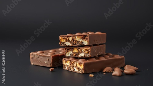 Close up of milk chocolate bars on dark background, dessert, snack, sweet food, high calories, calories, isolated, bars photo