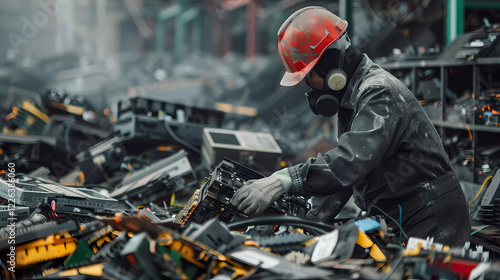 Workers wear helmet and safety suite sorting and processing electronic waste at a recycling factory