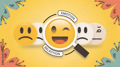 3D-rendered emoji faces with happy and sad expressions under a magnifying glass on a yellow background, showcasing contrast, mood evaluation, and a pop art style..