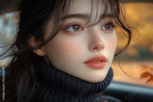 Cozy Beautiful Woman Relaxing in Car Autum Leaves Soft Natural Light photo