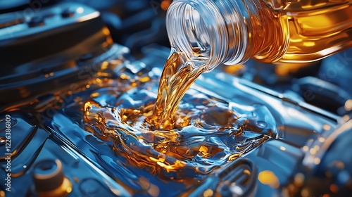 Wallpaper Mural Amber engine oil pours smoothly into metal casing vibrant blue hues. AI Generated Torontodigital.ca