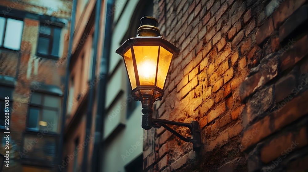 Warm Glow of a Retro Streetlamp Illuminating an Urban Alleyway Surrounded by Vintage Brick Walls Warm Glow of a Retro Streetlamp Illuminating an Urban Alleyway Surrounded by Vintage Brick Walls