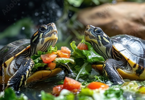 Two turtles enjoying a colorful meal of fresh vegetables and greens in a serene aquatic environment with splashes of water and lush foliage in the background