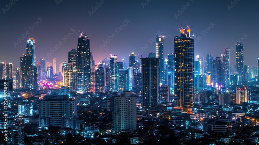Naklejka premium A mesmerizing cityscape at night illuminated with a myriad of dazzling lights