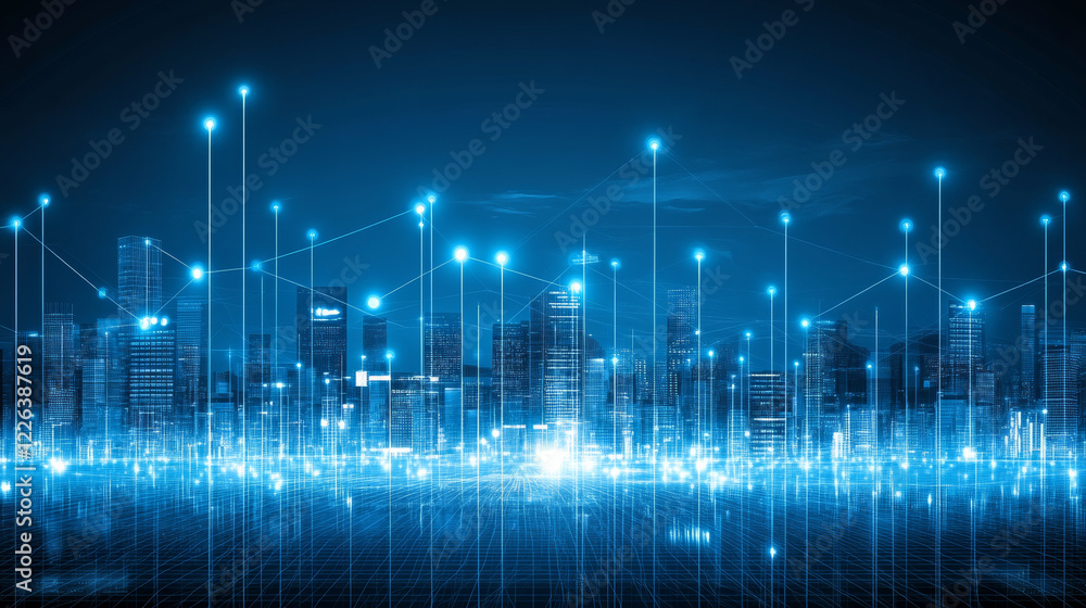 Fototapeta premium Futuristic cityscape with glowing digital connections