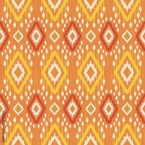 Orange Tribal Ikat Fabric Seamless Pattern