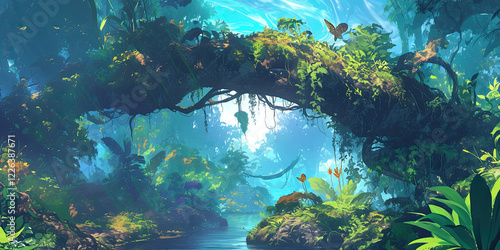 Fototapeta Naklejka Na Ścianę i Meble -  Anime style jungle background, deep rainforest green vibrant backdrop, nature scene cartoon graphics