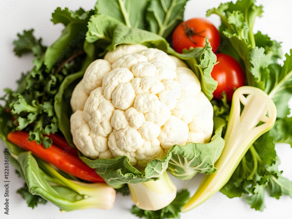 Fresh raw cauliflower head with leaves isolated on a white background, diet, vegetable, plant-based