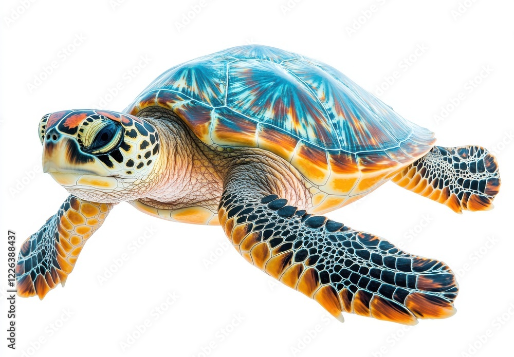 Fototapeta premium Vibrant and Detailed Sea Turtle Swimming Gracefully Underwater in a Clear Blue Ocean Environment Capturing Nature's Stunning Marine Life Elements