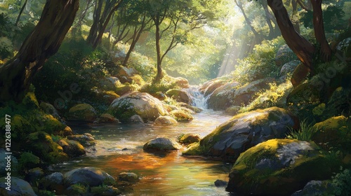 Sunlit Forest Stream Flows Over Mossy Rocks