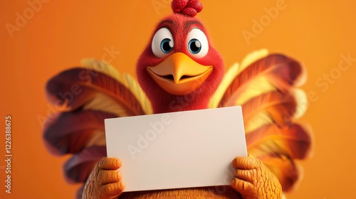 Funny Cartoon Turkey Holding Blank Sign On Vibrant Orange Background For Thanksgiving Projects photo