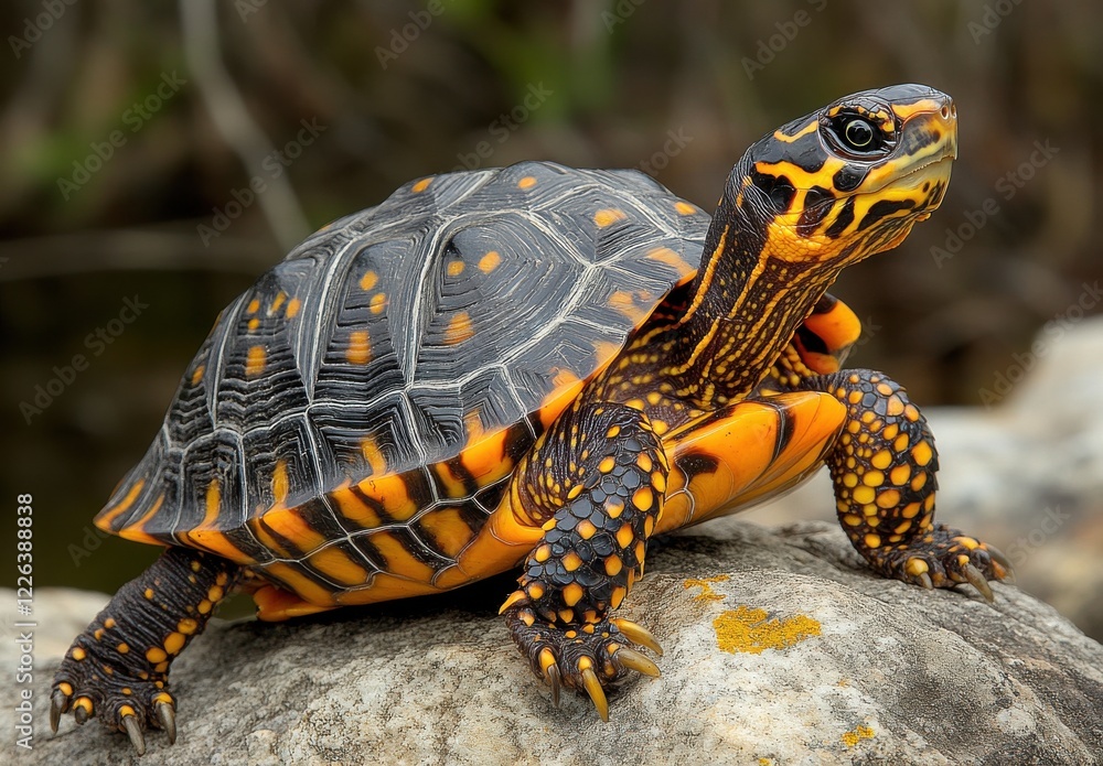 Fototapeta premium Vibrant Eastern Box Turtle Resting on a Rock by a Tranquil Water Source in Natural Habitat with Colorful Shell Patterns and Detailed Texture