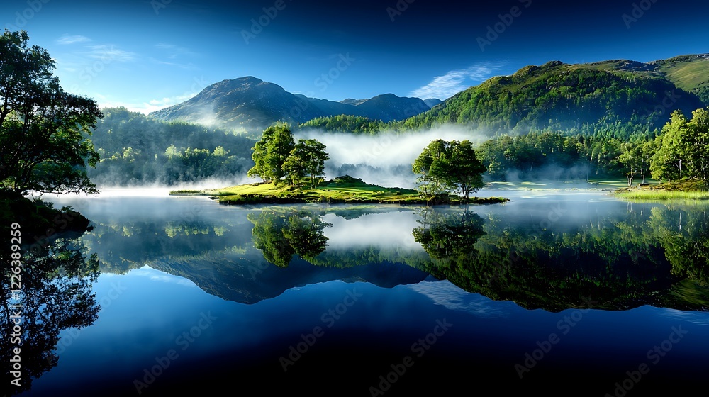 Fototapeta premium Misty morning lake, island trees reflecting, mountains background; nature serenity scene