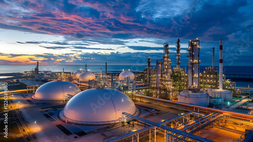 A stunning industrial complex with illuminated oil refinery and petrochemical plant at dusk, featuring dramatic clouds, pipelines, storage tanks, and twilight glow.