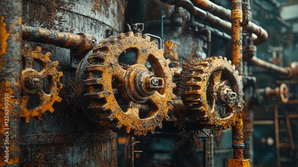 Rusty pipes and gears on an oil rig, close-up with intricate mechanical details Rusty pipes and gears on an oil rig, close-up with intricate mechanical details
