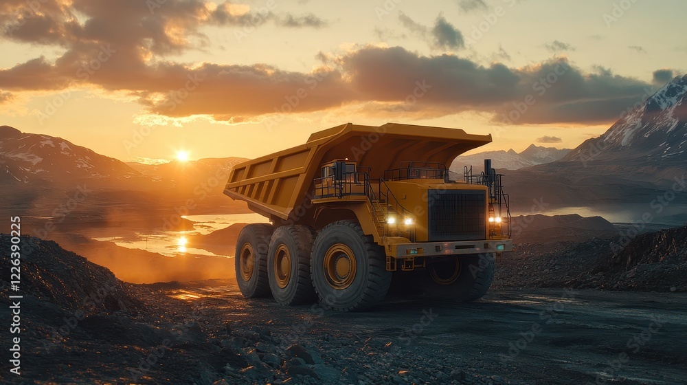 Large yellow mining dump truck at sunset. Ideal for mining, industry, and transportation themes.